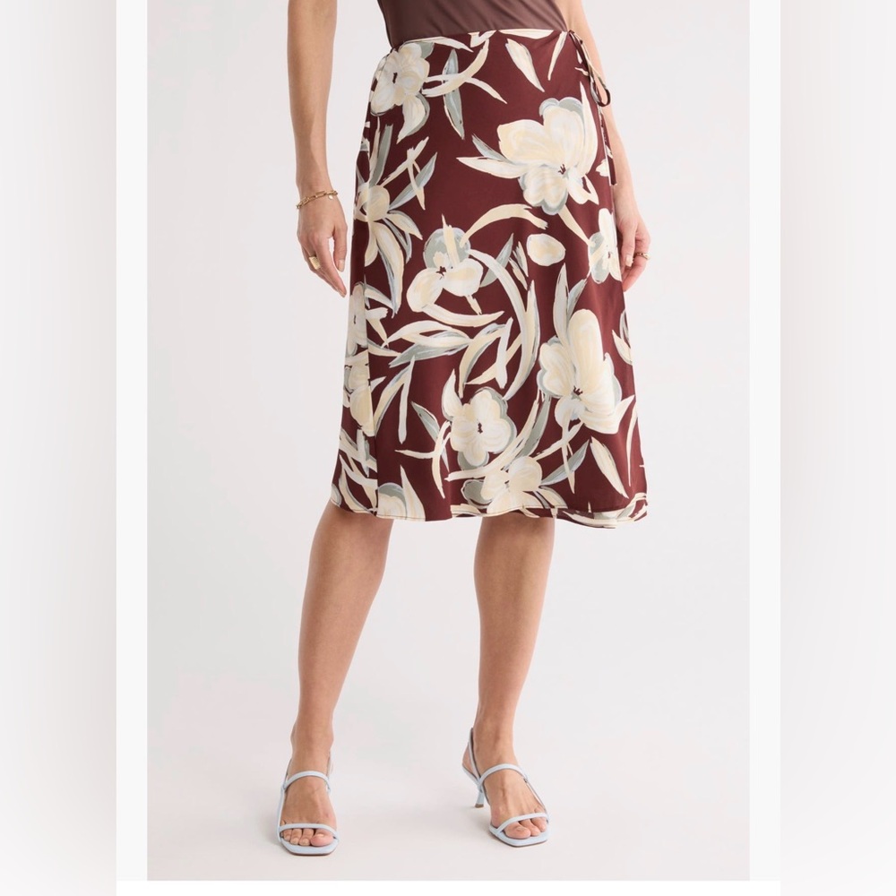 Nordstrom Burgundy Floral Midi Skirt with Cream Blooms, Faux Wrap